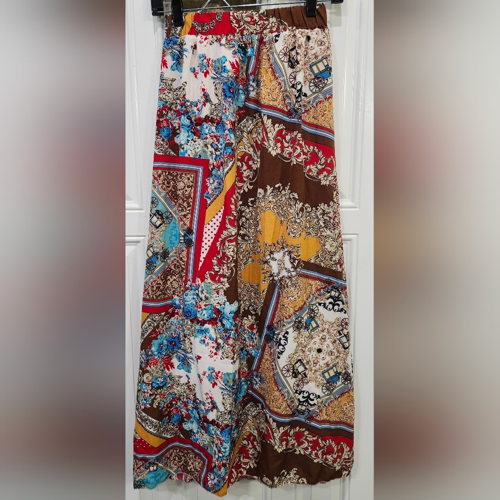 Vibrant Colorful Horse Buggy Faux Wrap Elastic Waist Maxi Skirt Juniors Large